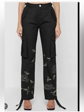 Cloud & Bird Black Embroidered Cargo Pants - Women's